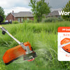 A person is using a gas-powered hedge trimmer in a grassy outdoor setting, with protective gear shown nearby.