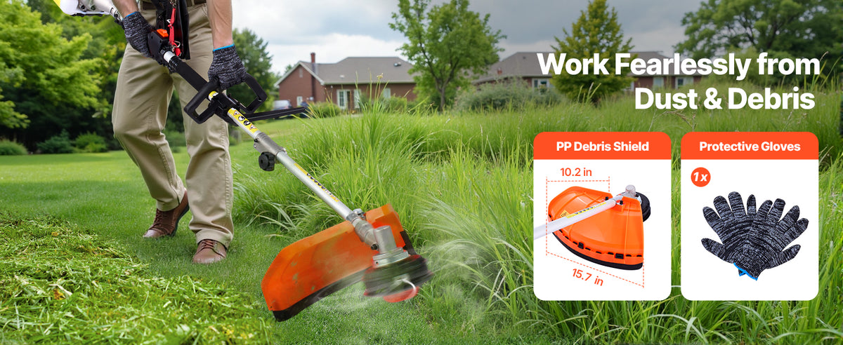 A person is using a gas-powered hedge trimmer in a grassy outdoor setting, with protective gear shown nearby.