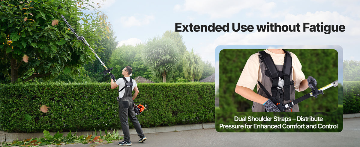 A person using a gas-powered hedge trimmer with dual shoulder straps for extended use and comfort.
