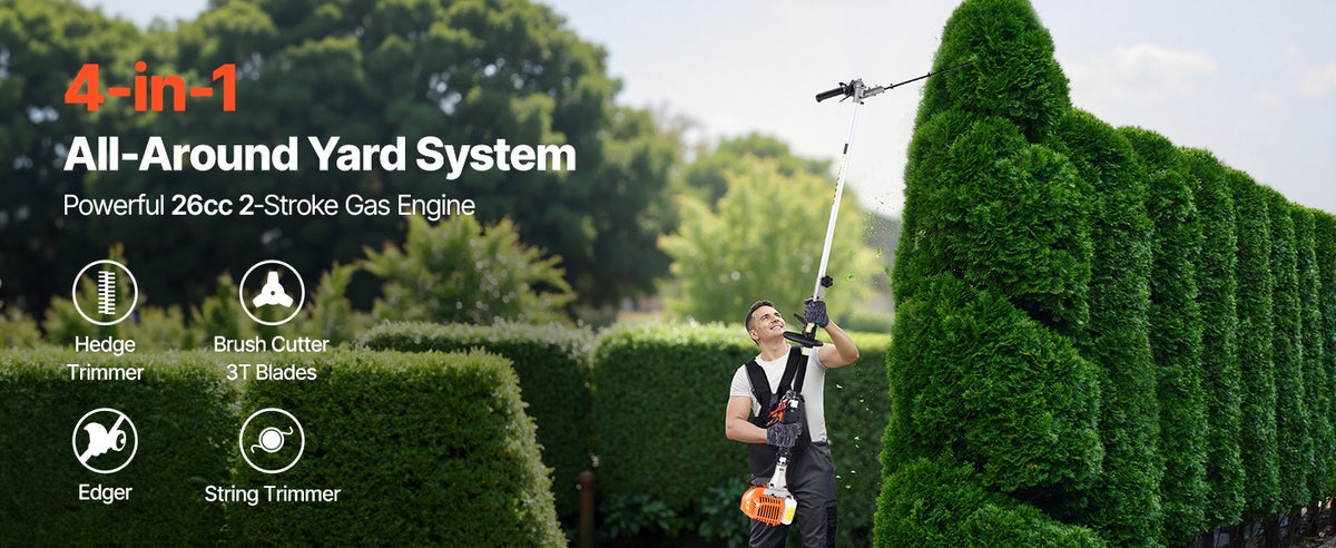 A man operates a 4-in-1 all-around yard system hedge trimmer with a powerful 26cc two-stroke gas engine.
