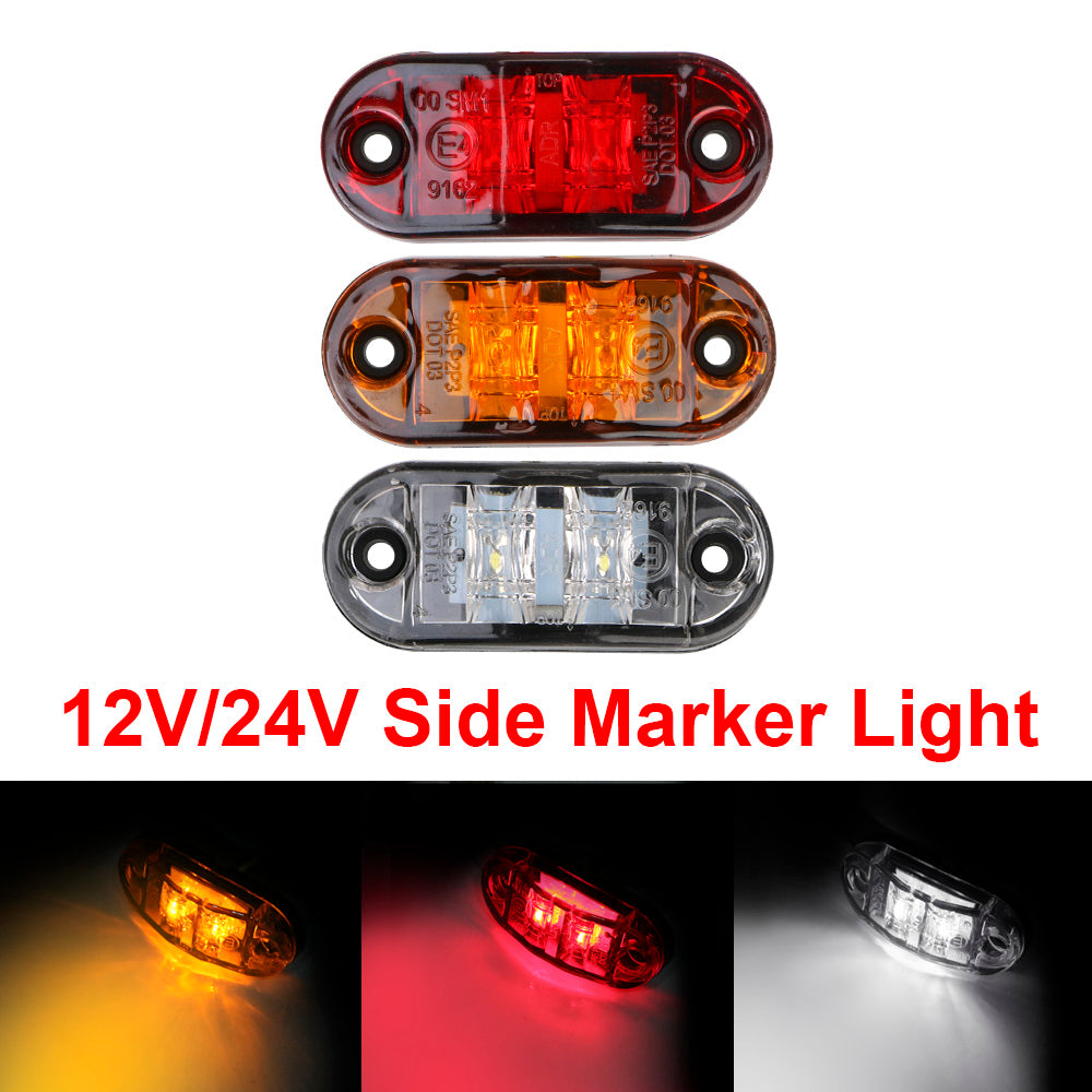 A pair of 12V/24V side marker lights, featuring red, white, and yellow LED lenses.