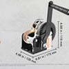 A black hand winch with a gear and handle is shown next to its components, demonstrating pulling capacity.