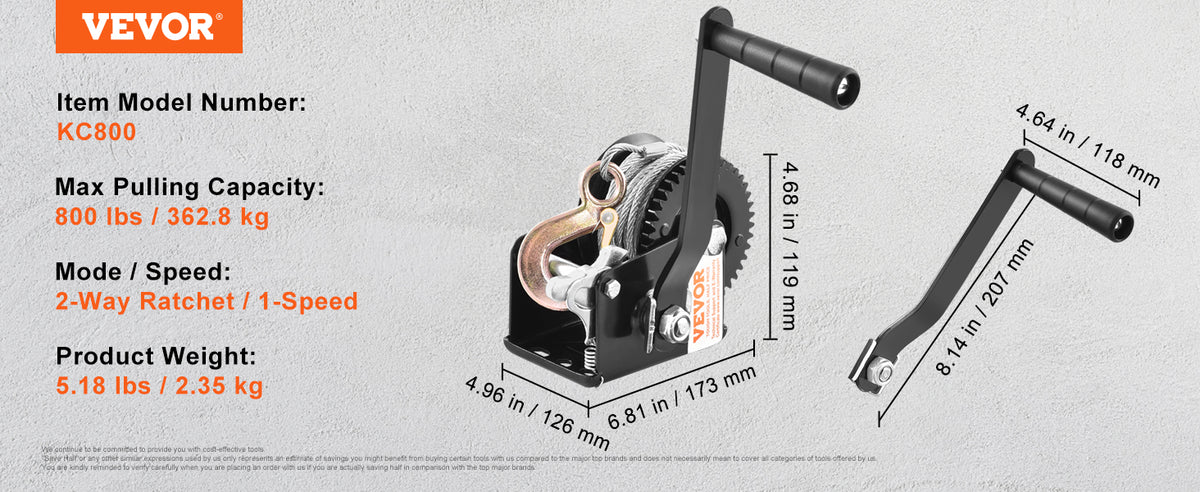 A black hand winch with a gear and handle is shown next to its components, demonstrating pulling capacity.