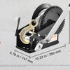 A black heavy-duty hand winch with a yellow pulley and metal cable is shown, featuring a 2-way ratchet mechanism.