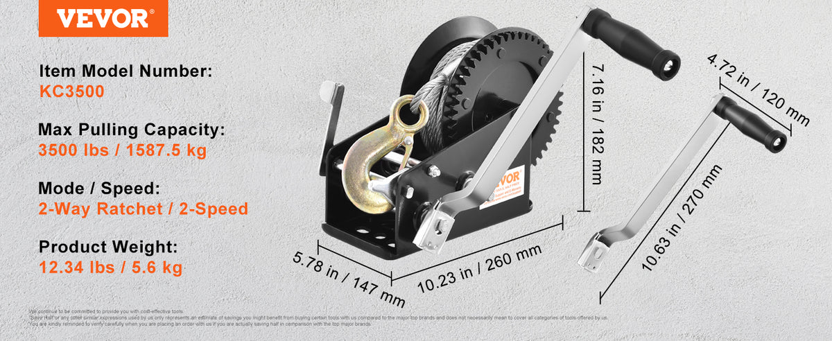 A black heavy-duty hand winch with a yellow pulley and metal cable is shown, featuring a 2-way ratchet mechanism.