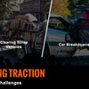 A heavy-duty winch is shown in various challenging contexts including vehicles stuck in mud, clearing scrap vehicles, car bre