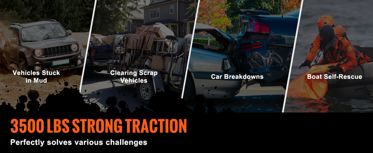 A heavy-duty winch is shown in various challenging contexts including vehicles stuck in mud, clearing scrap vehicles, car bre