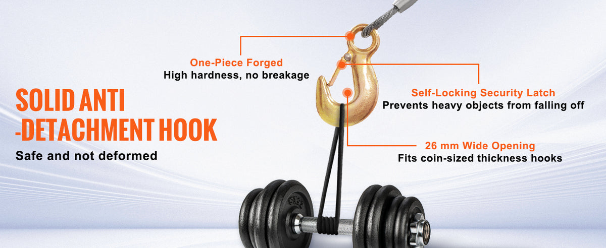A close-up of a solid anti-detachment hook attached to a barbell, demonstrating its high hardness and self-locking security l