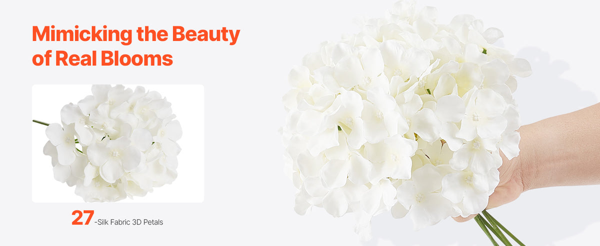 A close-up of white silk hydrangea petals used for mimicking real blooms.