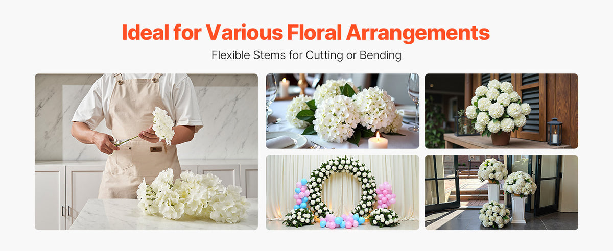 Flexible stems of silk hydrangea flowers used for floral arrangements and home decor