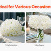 A collage showing white silk hydrangea flowers used for bridal bouquets, party decorations, indoor spaces, and weddings.