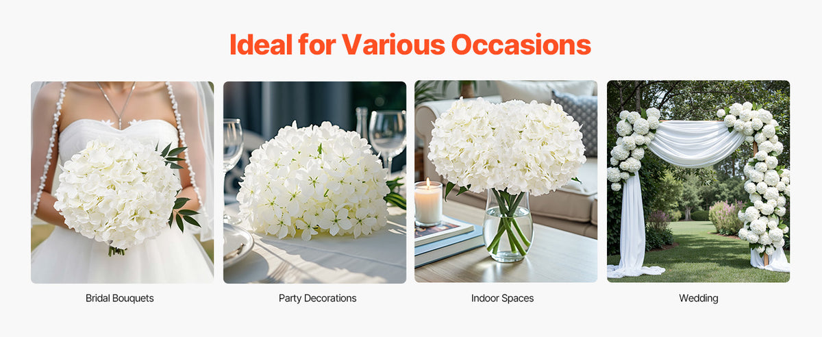 A collage showing white silk hydrangea flowers used for bridal bouquets, party decorations, indoor spaces, and weddings.