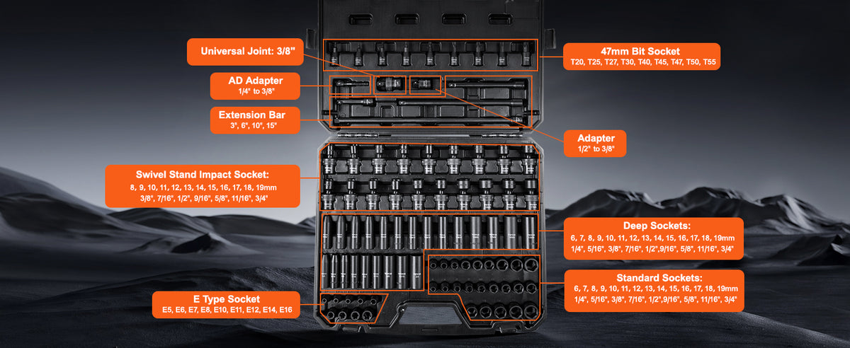 A set of 90 pieces of 3/8 inch drive impact sockets, including various sizes and types like bit sockets and extension bars.