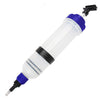 A manual fuel transfer and oil extractor syringe with a clear body, blue cap, and black nozzle.