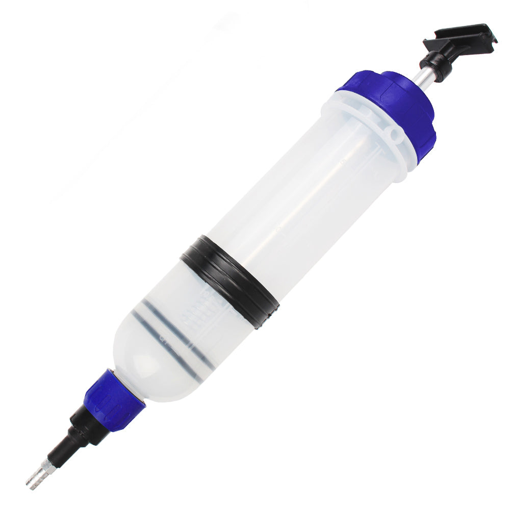 A manual fuel transfer and oil extractor syringe with a clear body, blue cap, and black nozzle.