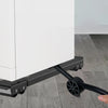 A white appliance is supported by a black adjustable roller stand with brakes.