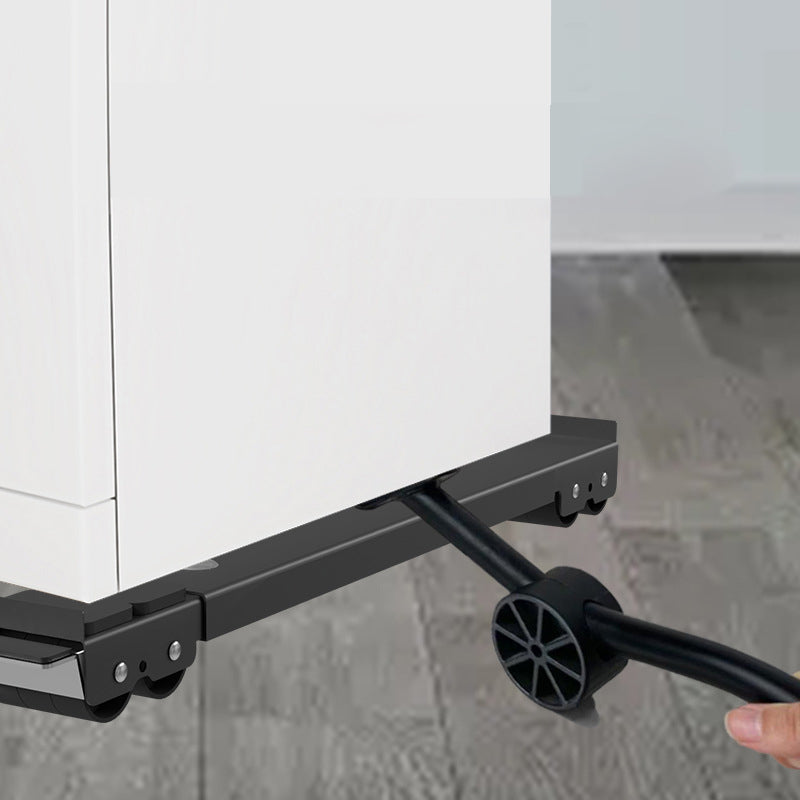 A white appliance is supported by a black adjustable roller stand with brakes.