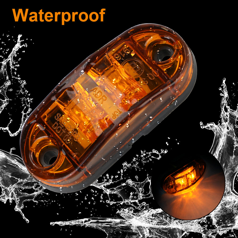 A waterproof LED side marker clearance light is shown being splashed by water.