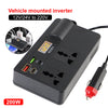 A black vehicle mounted inverter with a digital display and multiple output ports, showing a 200W capacity.