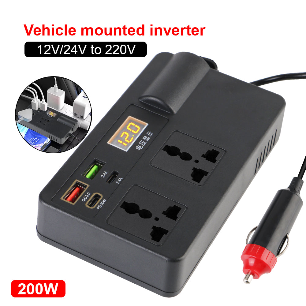 A black vehicle mounted inverter with a digital display and multiple output ports, showing a 200W capacity.