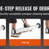 Three panels showing the one-step release process of a rolling magnetic sweeper: pick up, pull up, and release.