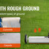 A white rolling magnetic sweeper with an adjustable handle is shown next to examples of different ground types like grass, co