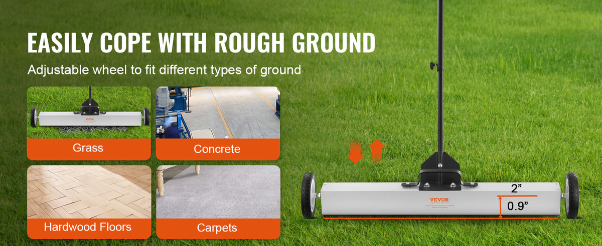 A white rolling magnetic sweeper with an adjustable handle is shown next to examples of different ground types like grass, co