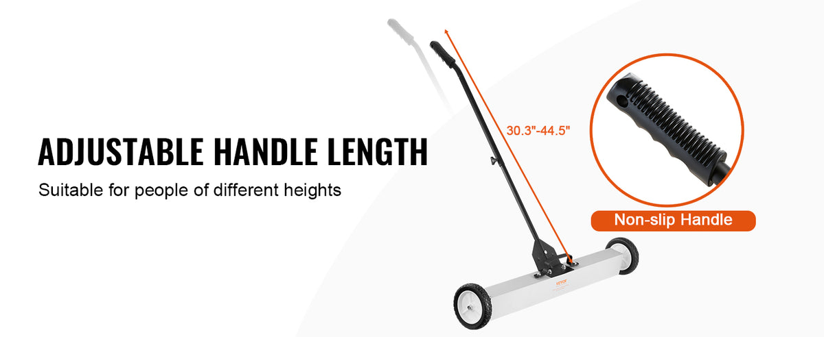 A silver rolling sweeper with an adjustable black handle and non-slip grip is shown.