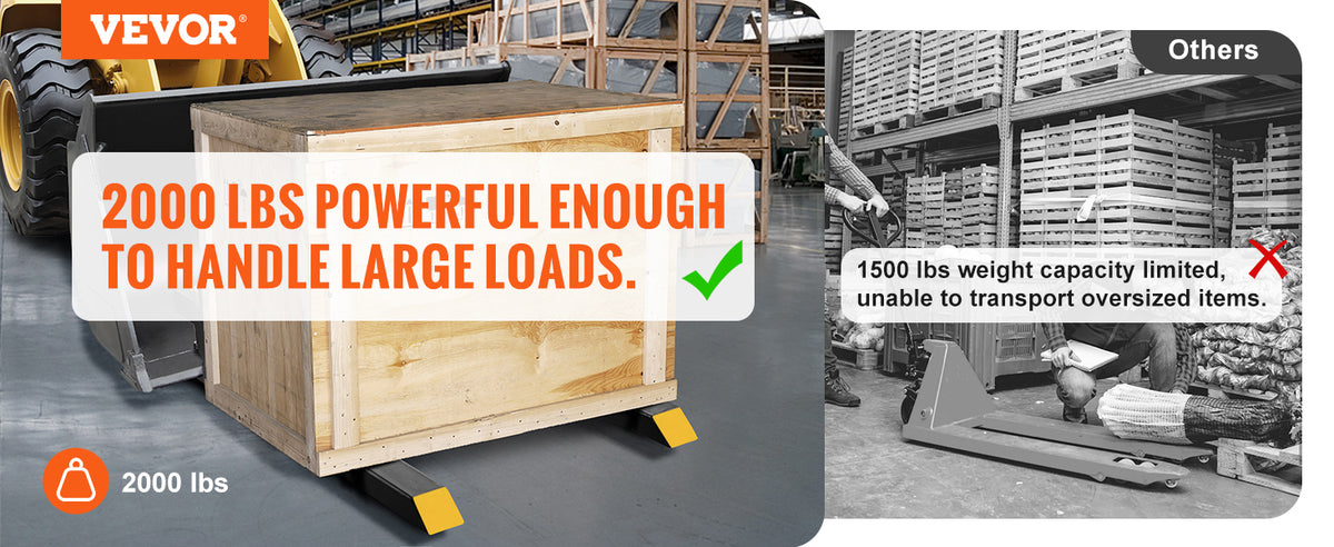 A wooden box with yellow supports is shown next to a tractor tire, demonstrating 2000 lbs capacity.