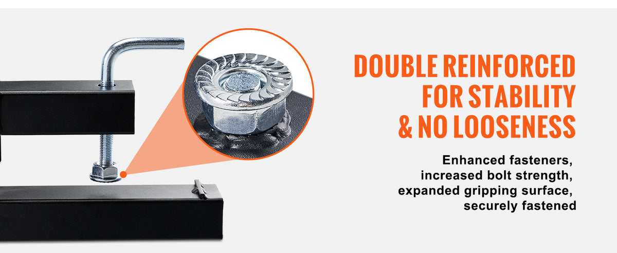 Close-up of a double reinforced fastener used for heavy duty clamp-on pallet forks.