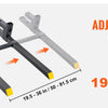 Adjustable bar clamp for pallet forks, showing the range from 19.5 to 36 inches.