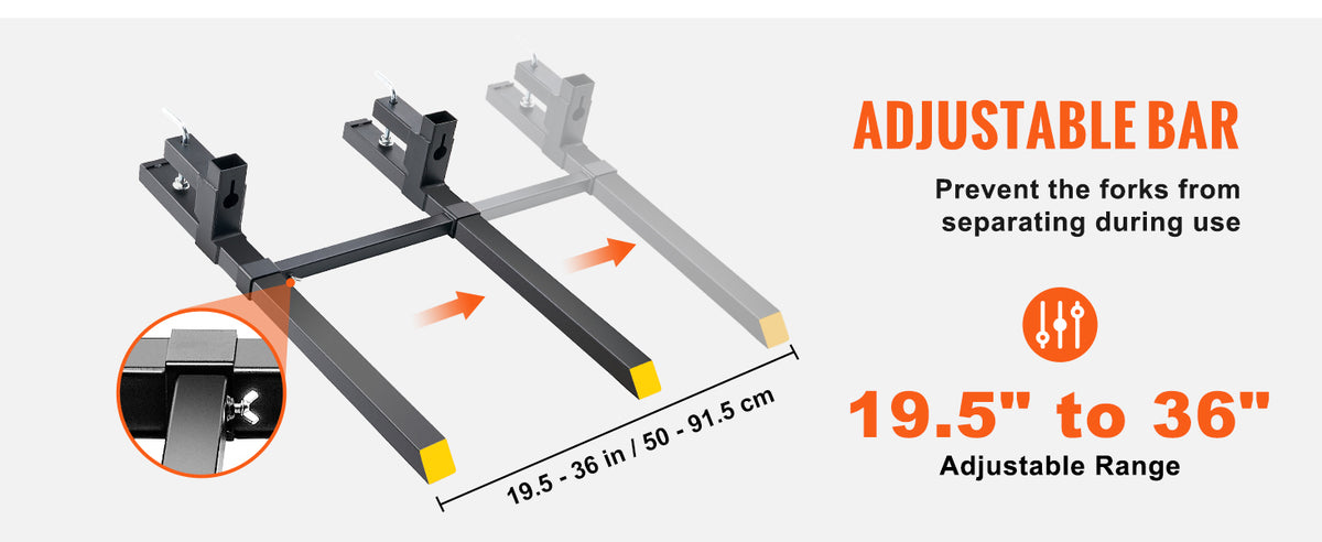 Adjustable bar clamp for pallet forks, showing the range from 19.5 to 36 inches.