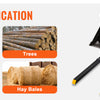 Heavy duty clamp-on pallet forks shown with various applications including logs, trees, vehicles, and hay bales.