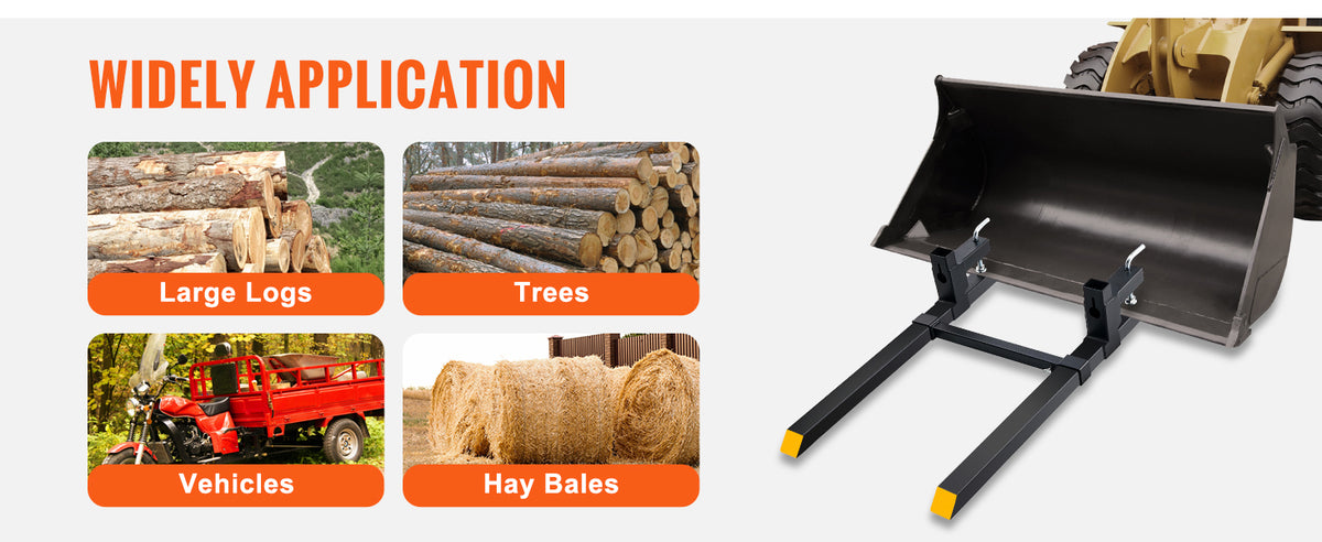Heavy duty clamp-on pallet forks shown with various applications including logs, trees, vehicles, and hay bales.