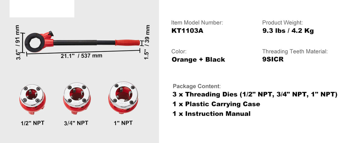 3-Piece Manual Ratchet Pipe Threader Kit with Carrying Case