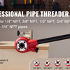 A professional pipe threader kit with interchangeable dies is shown being used on pipes.