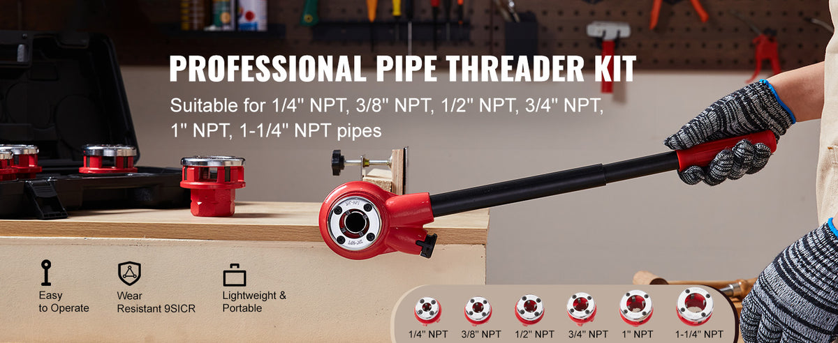 A professional pipe threader kit with interchangeable dies is shown being used on pipes.