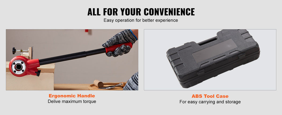 An ergonomic red handle and black shaft of a tool, shown next to an ABS tool case for storage.
