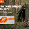Orange multi-functional extended synthetic rope next to a tent and a woman with a dog in an outdoor setting