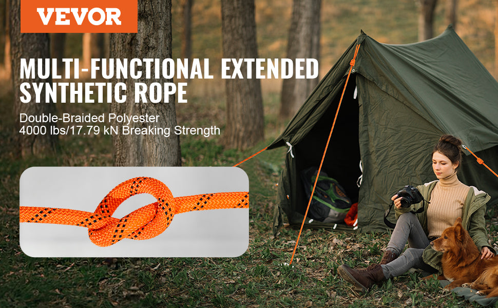 Orange multi-functional extended synthetic rope next to a tent and a woman with a dog in an outdoor setting