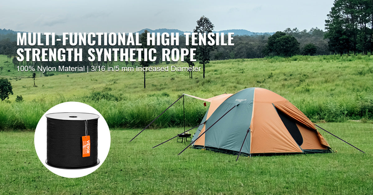 A multi-functional high tensile strength synthetic rope is shown next to a tent in an outdoor field setting.