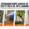 Four images showing various uses of a 120 ft rope including clothesline, fixing devices, swing rope, and sailing rope.