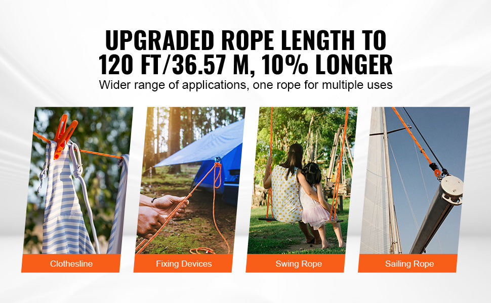 Four images showing various uses of a 120 ft rope including clothesline, fixing devices, swing rope, and sailing rope.