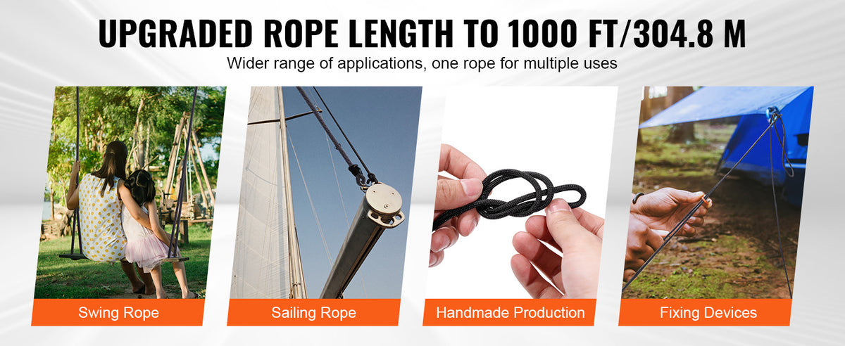 Image showing various applications of upgraded rope including swing ropes, sailing ropes, handmade products, and fixing devic