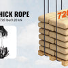 Stack of thick beige rope bundles suspended by black cords, demonstrating 720 lbs breaking strength.