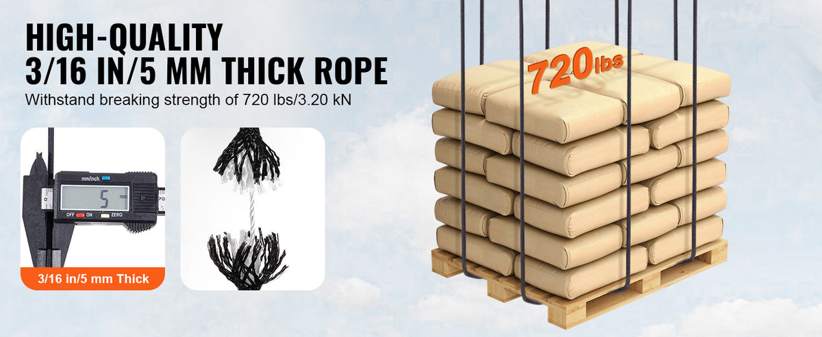 Stack of thick beige rope bundles suspended by black cords, demonstrating 720 lbs breaking strength.