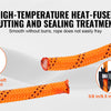Orange high-temperature heat-fused cutting and sealing treatment on a 3/8 in/9.5 mm diameter double-braided polyester rope.
