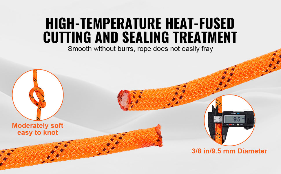 Orange high-temperature heat-fused cutting and sealing treatment on a 3/8 in/9.5 mm diameter double-braided polyester rope.