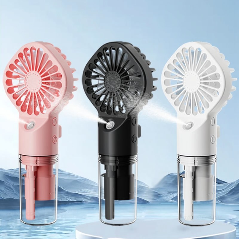 Three portable rechargeable mist fans in pink, black, and white are displayed against a blue background.