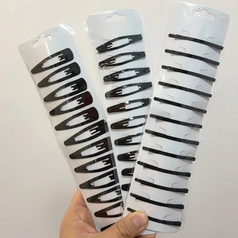 Classic Black Metal Hair Barrettes - Set of 12